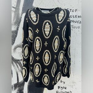 Vintage 1980's Gold & Black Metallic Knit, Sequins, & Rhinestones Sweater-Large